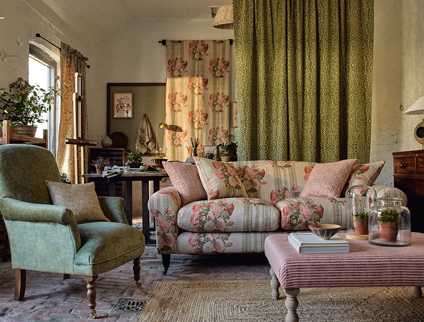 Walberswick 3 Seater Sofa in Etta's Bouquet Sunset Moss with scatters in Sussex Stripe Brick and Snape Chair in Almost Plain Velvet Spring_tablet